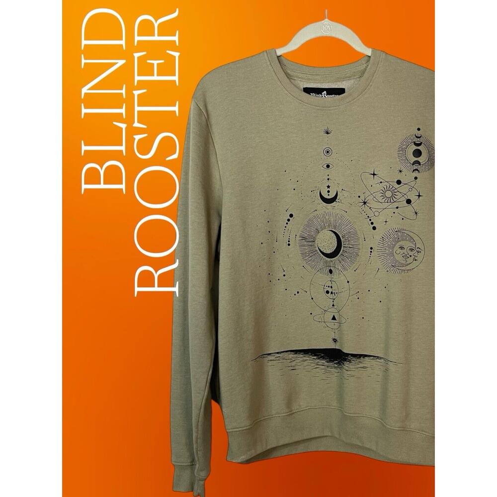 Blind Rooster Men's Large Olive Black Celestial Print Sweatshirt Full Front Back